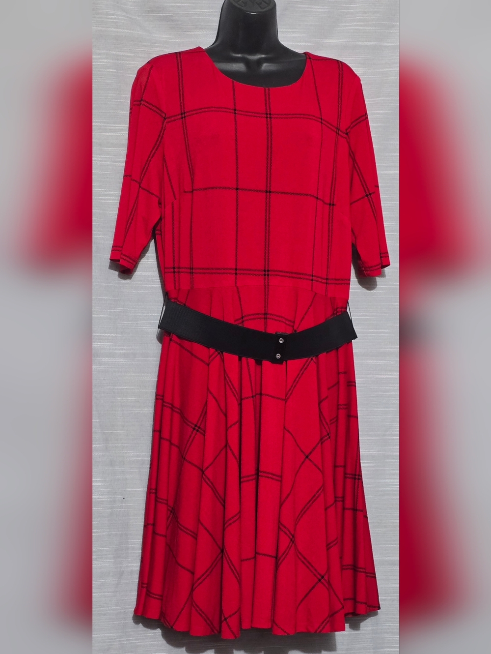 Danny & Nicole Size 16 Red Windowpane Plaid Fit & Flare Dress Belt Work Office